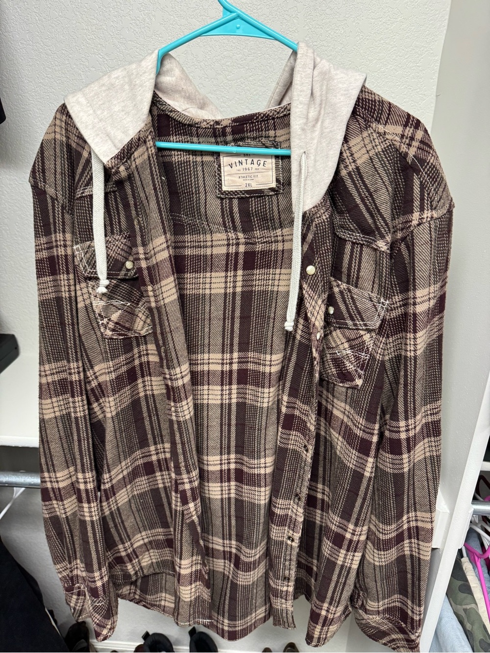 BKE Plaid Hooded Utility Jacket in Brown and Cream